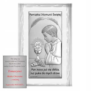 Strieborný obrázok Prvé sväté prijímanie chlapec 15,5x25 cm